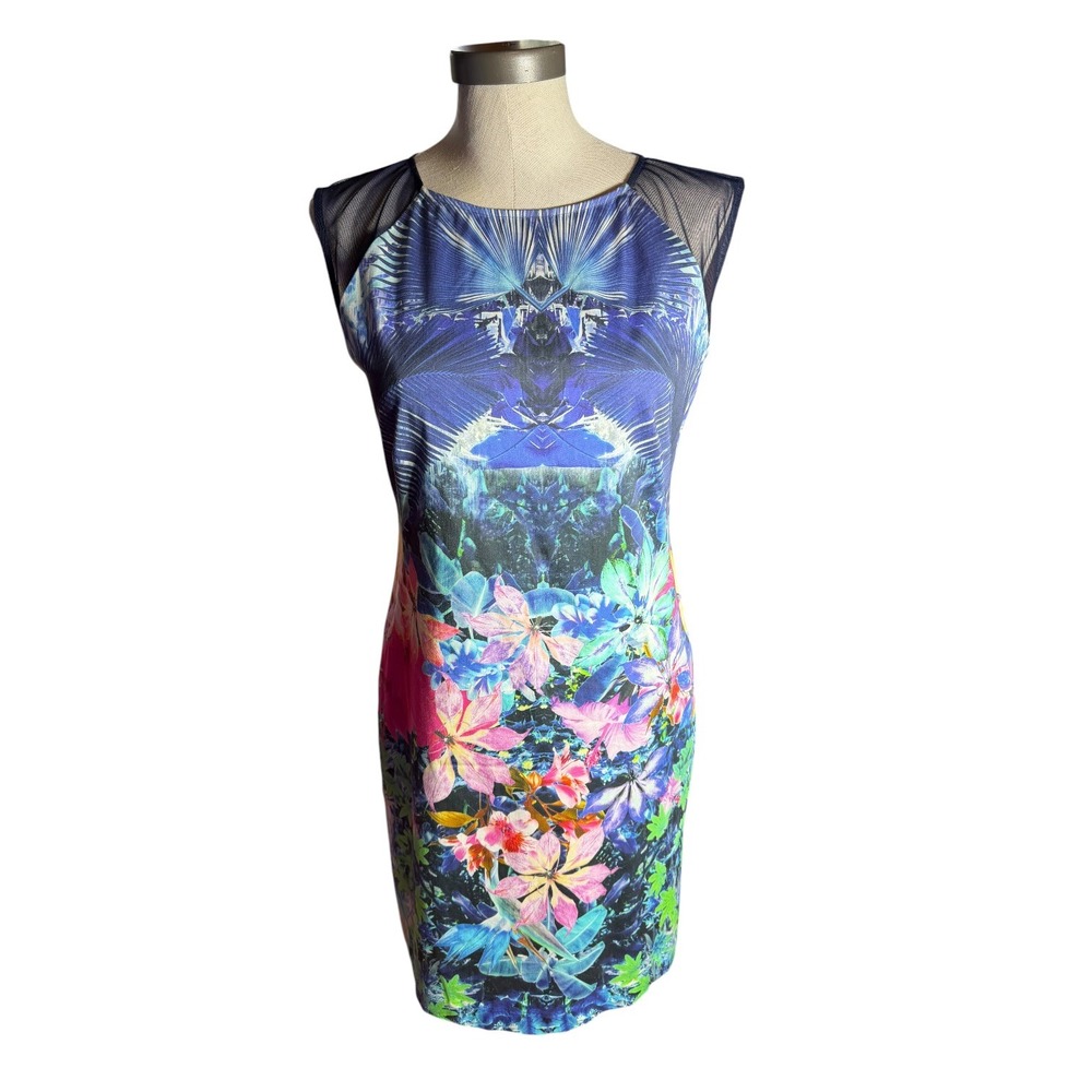 Julia Jordan Floral Tropical Mesh Shoulder Sheath Dress Blue Pink Size 10
